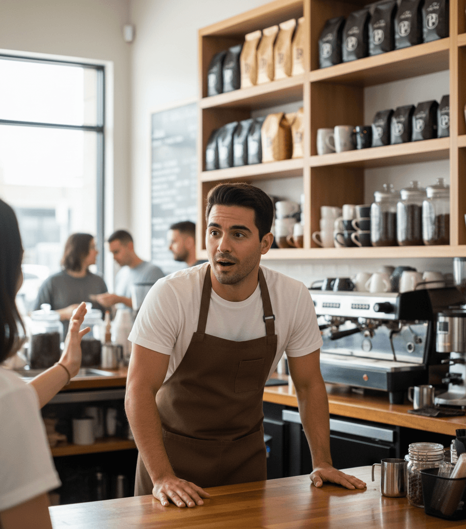 AI generated: The Hispanic male barista is at the end of the coffee shop greeting back in amazement. He is 5'0" he...