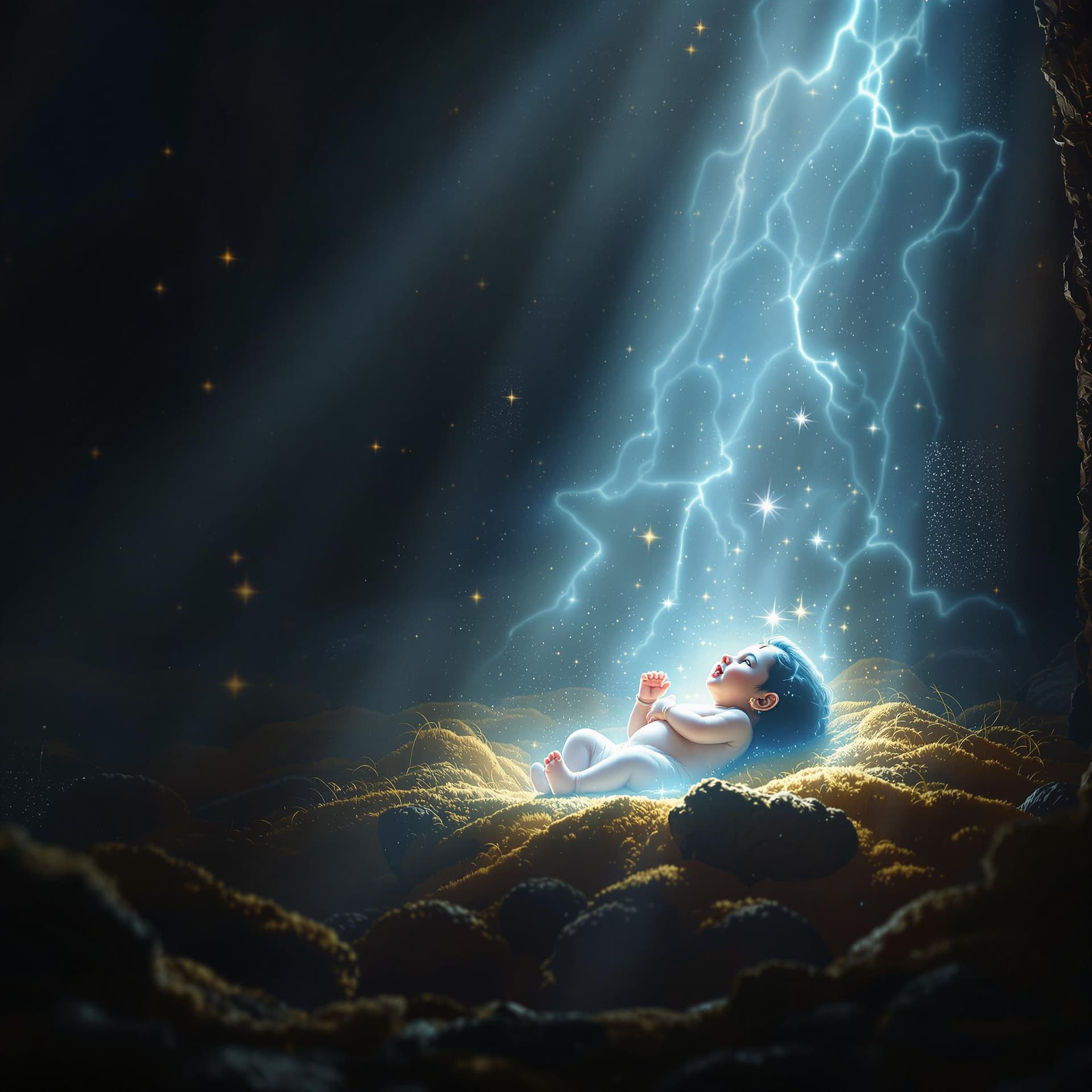 AI generated: A mystical scene showing the birth of Krishna in the prison of Kansa. The camera slowly zooms in on ...