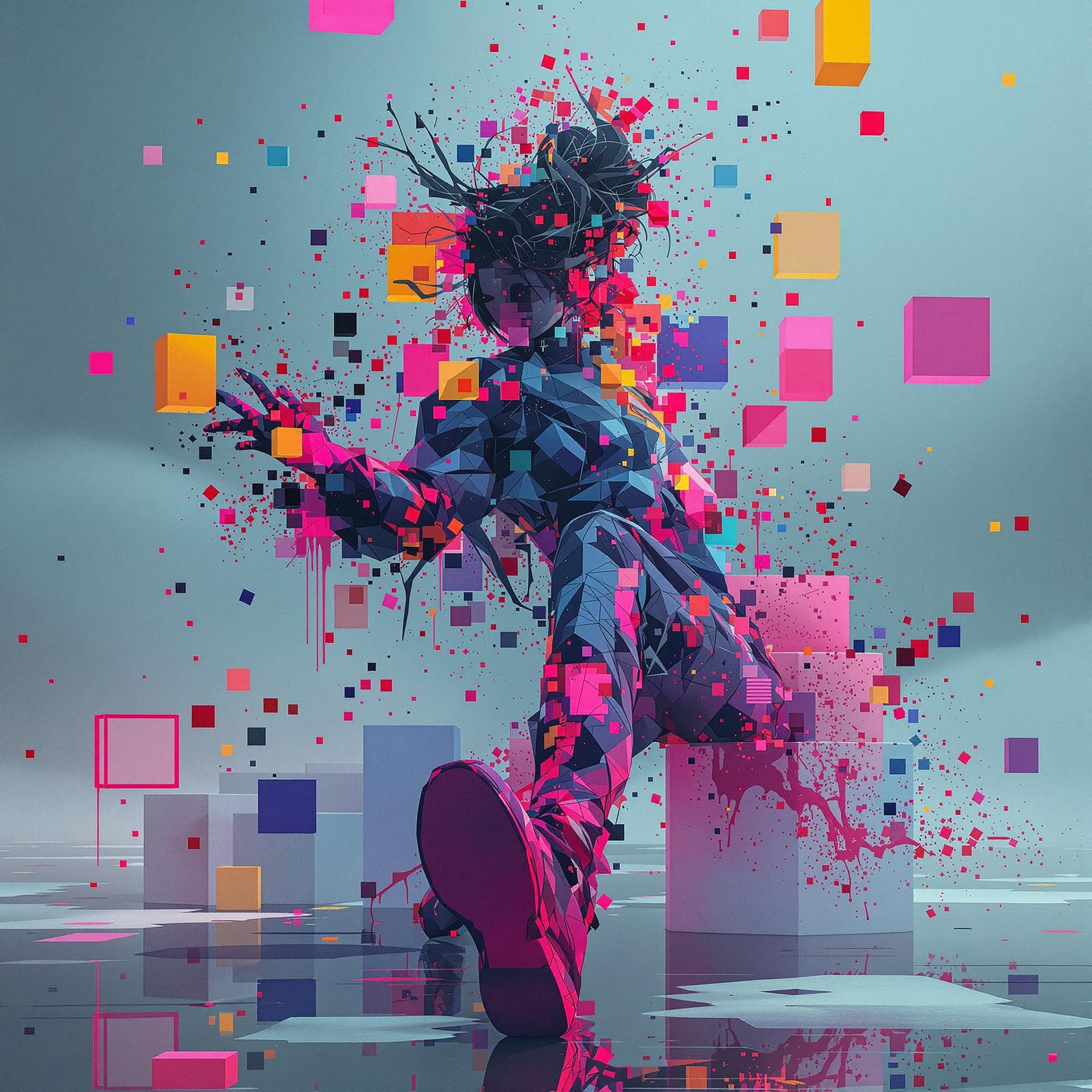 AI generated: minimalistic electro music album cover, perfect cubes, hyper detailsabstract dancing girl, colorful,...