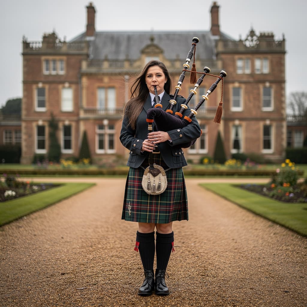 AI generated: a lone female bagpiper is playing outside of the Sandringham estate in England. She is absolutely go...