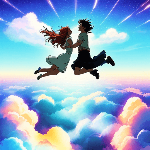 AI generated: make a picture of a couple falling in the sky. Background with clouds and lights. Colorfull and brig...