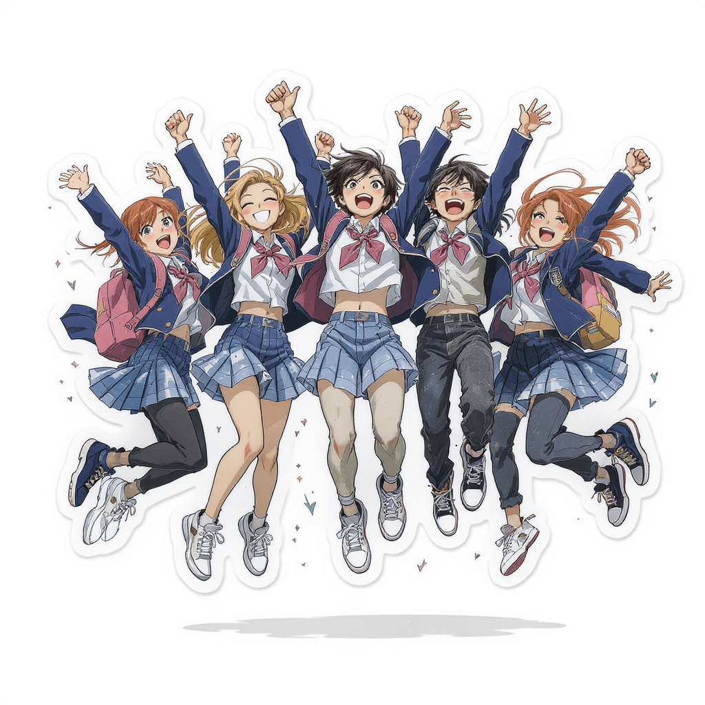 AI generated: A full-body illustration of an animated portrait of a group of high school students, wearing texture...
