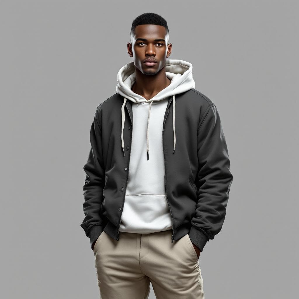 AI generated: create a black man with a buzz cut, 2d, with a nice random main color hooded 
jacket, a nice pants....