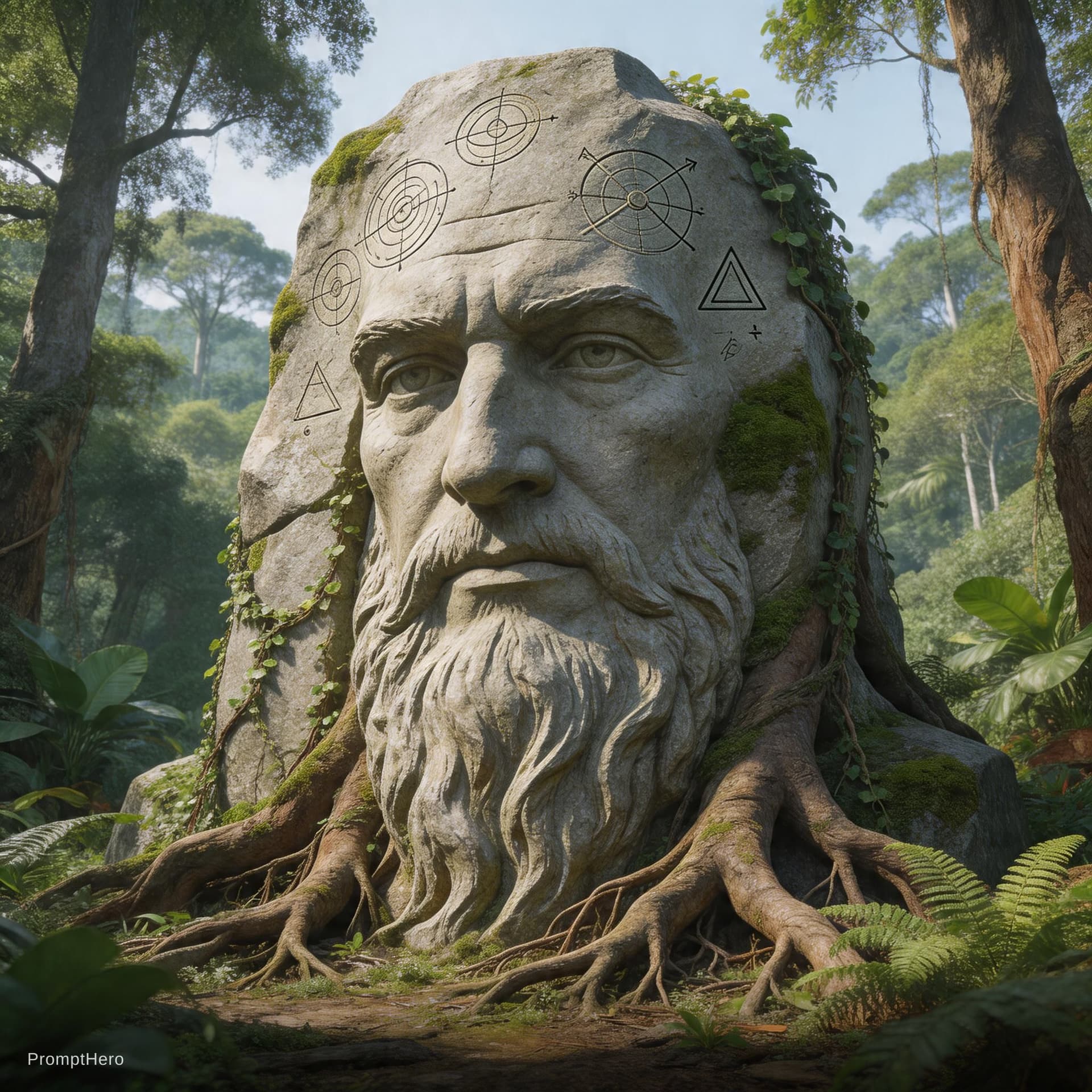 AI generated: A highly detailed, vertical cinematic image showing a massive monolithic stone carving of Isaac Newt...