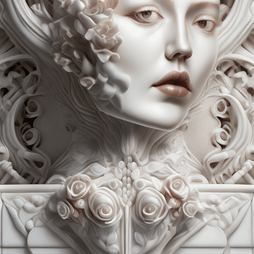 AI generated: a woman made out of porcelain, in the style of balanced symmetry, white and rose, detailed facial fe...