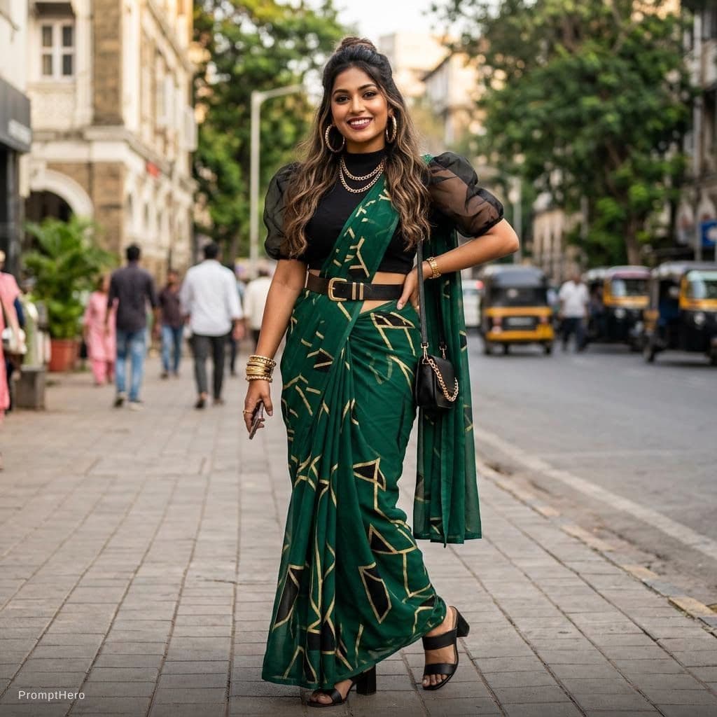 AI generated: Create a 25 year hot Indian influencer she's wearing a bold style saree
