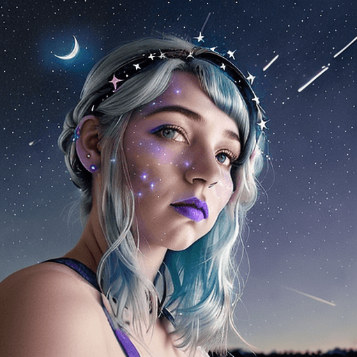 AI generated:  dreamy portrait of a ohwx woman with blue hair adorned with stars and the night sky. Clouds and sta...