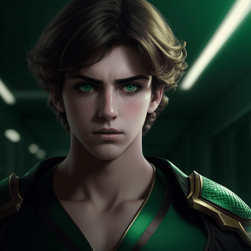 AI generated: beautiful boy, Brunette hair, Rumination problem, dark eyeliner, big chest, green eyes, Mise en abym...