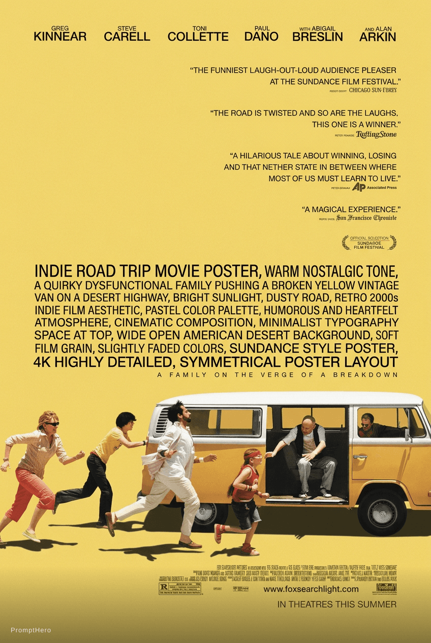 AI generated: indie road trip movie poster, warm nostalgic tone, a quirky dysfunctional family pushing a broken ye...