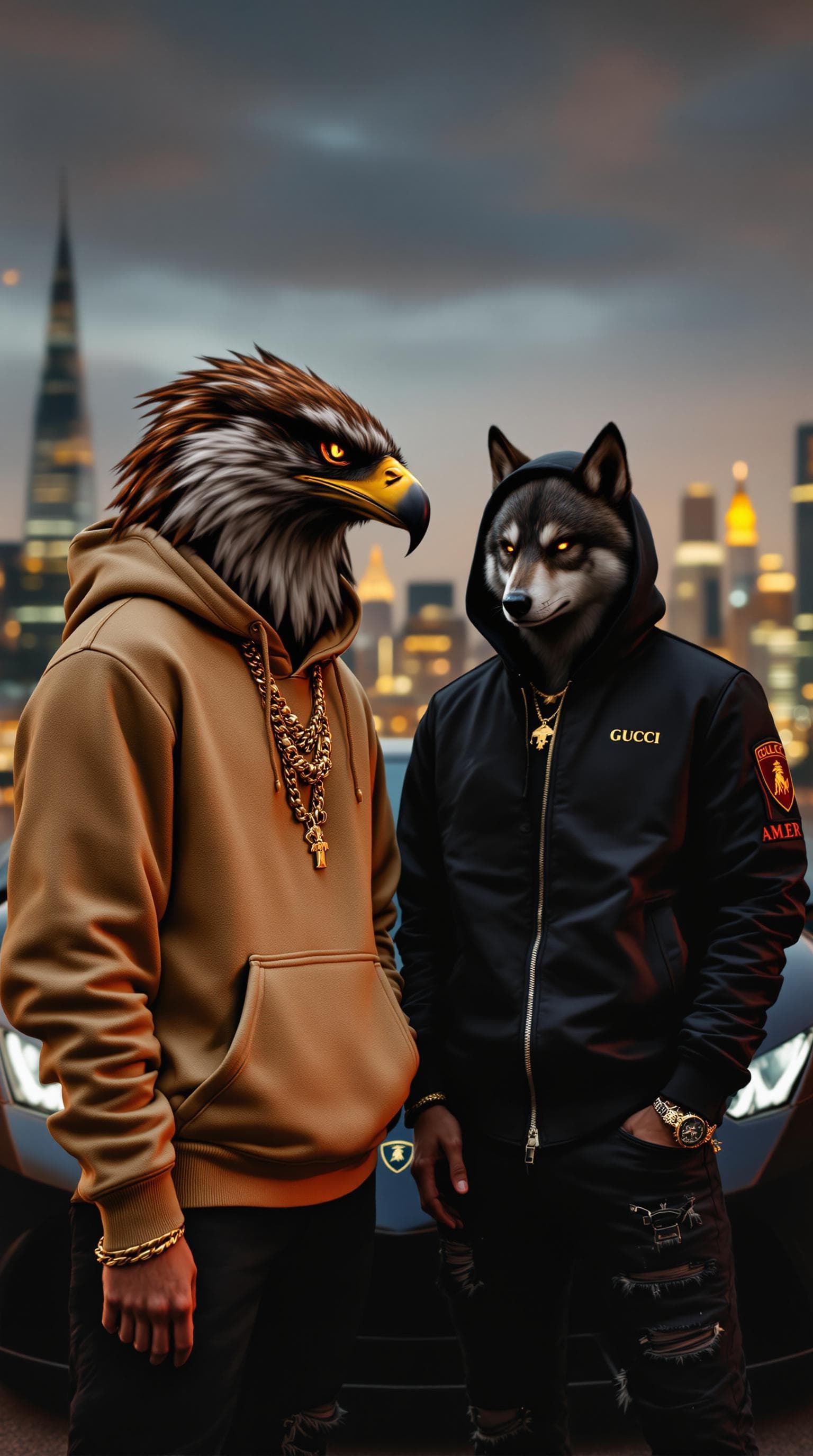 AI generated: Two men with a powerful gangster aura, one with the head of an eagle, the other with the head of a w...