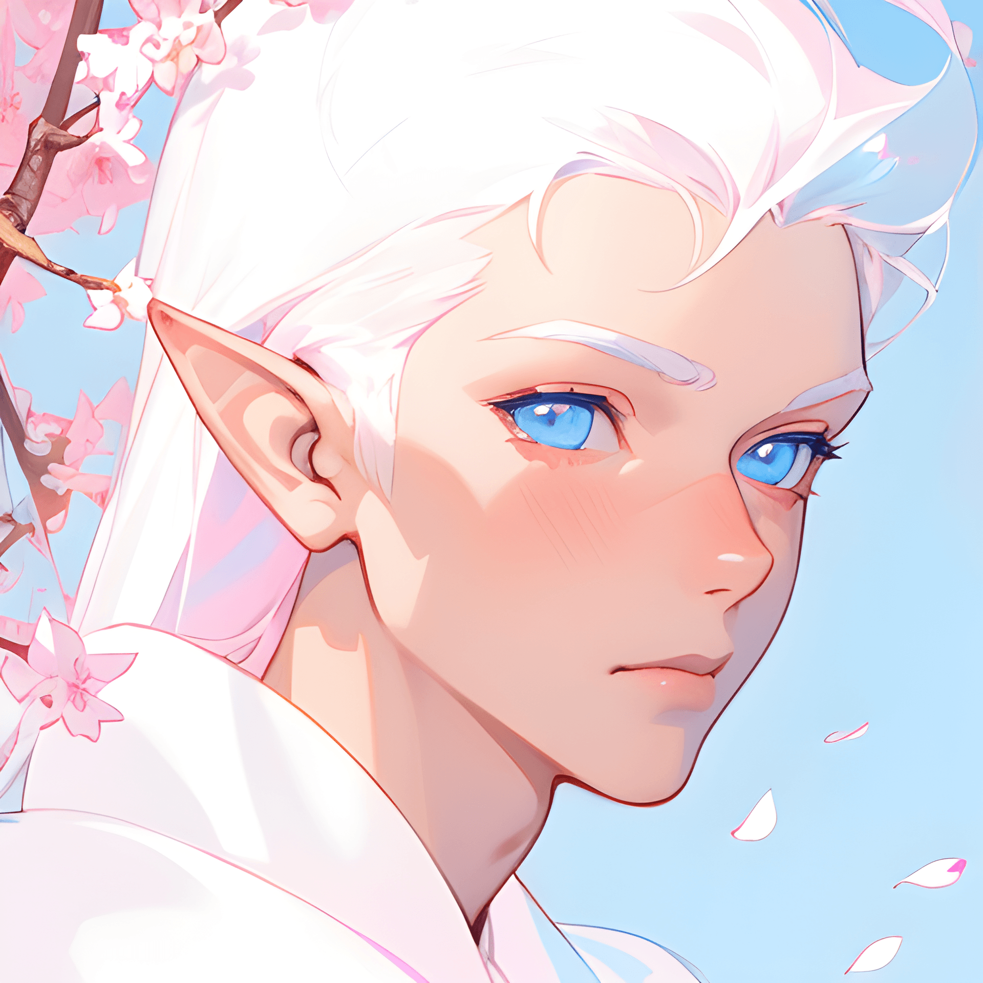 AI generated: a painting of a woman with white hair and blue eyes, nonbinary model, illustration iridescent, comic...