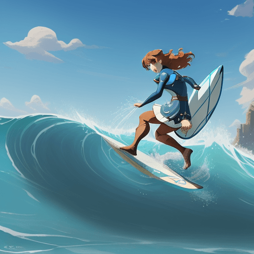 AI generated: a woman surfing a wave in Italy, Nausicaa Ghibli, Breath of The Wild --s 750 --q 2