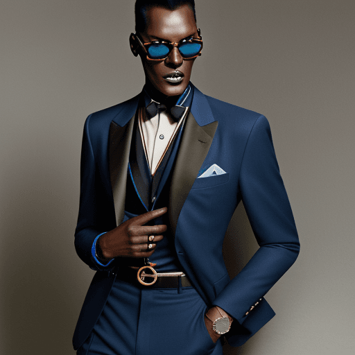 AI generated: a hiper real portrait of male model, black skin, Grace Jones, wearing blue suit, showing a smart wat...