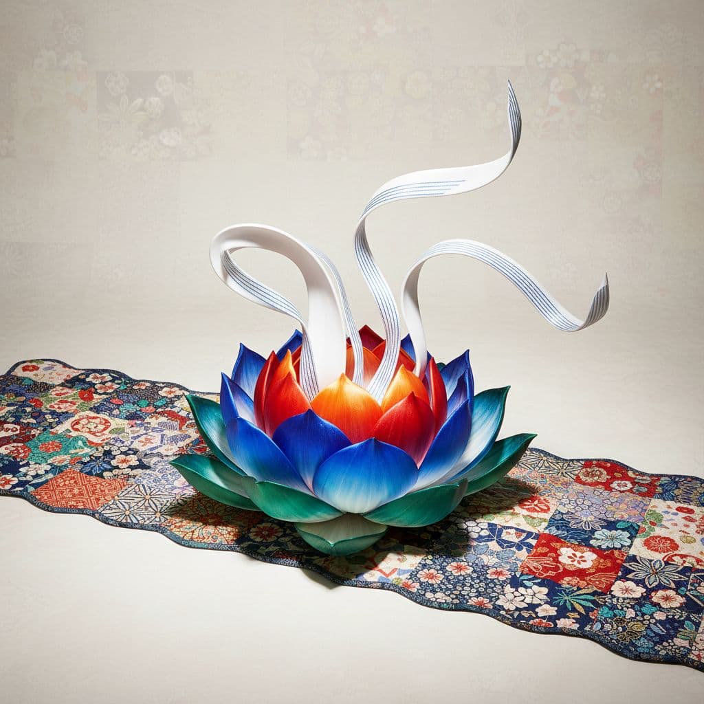 AI generated:  A hyper-realistic scene featuring a lotus-shaped sculpture crafted from glossy satin silk, with lon...