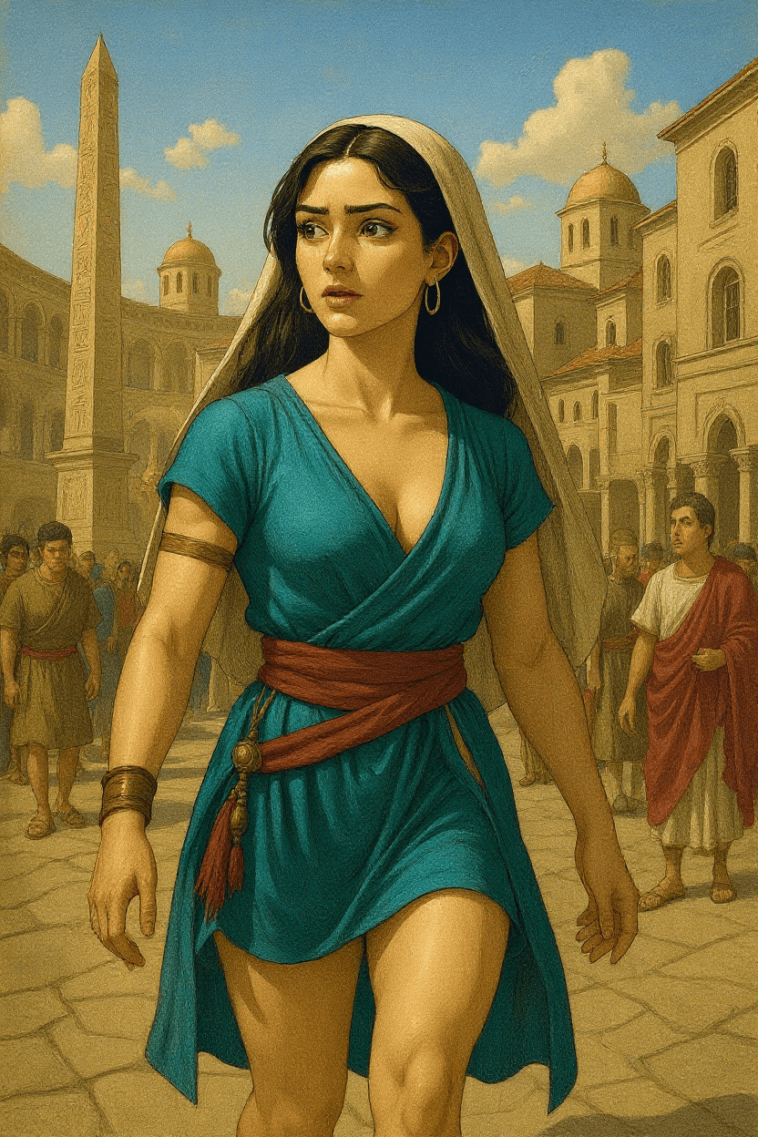 AI generated: Comic book realistic illustration, full body shot of a young gorgeous Byzantine greek woman with fit...