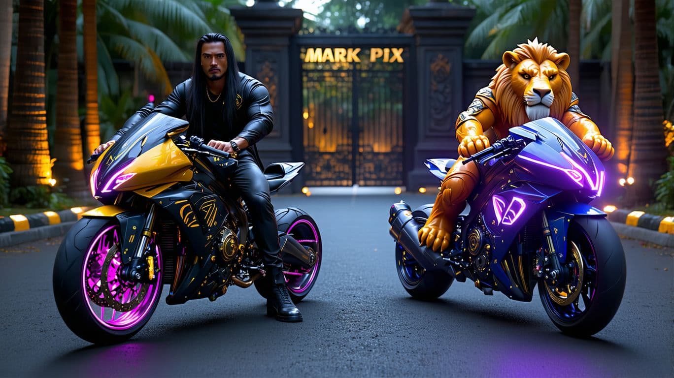 AI generated: Two futuristic Akira-style motorcycles, one yellow and black and the other blue, are ridden at night...