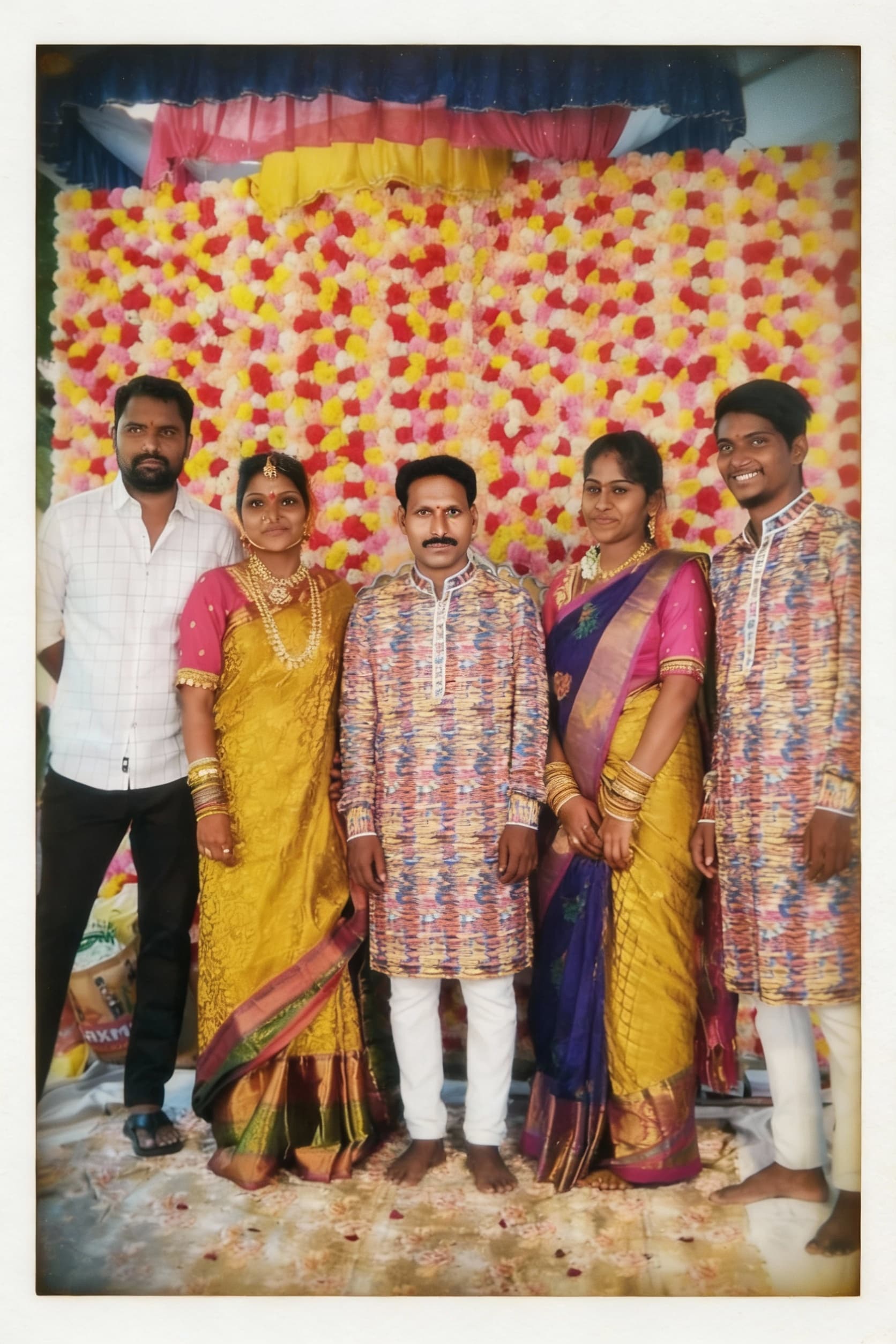AI generated: Recreate a image of a family adding a man in between of a group photo he wearing same dresses make i...