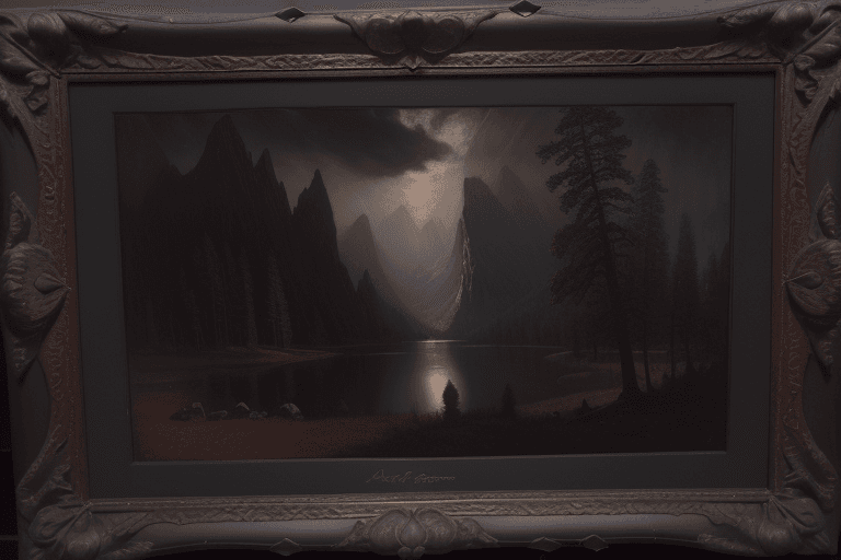 AI generated: Landscape by Albert Bierstadt, Mezzotint, Dramatic, Dark Mode, Agfacolor --ar 10:16