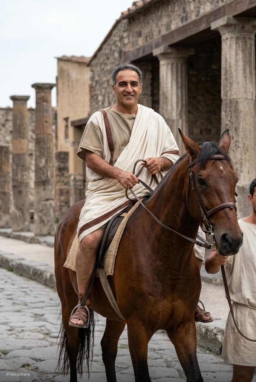AI generated: Eumachia, ancient rome, woman, beautiful, perfect face, perfect eyes, roman dress, riding the horse ...