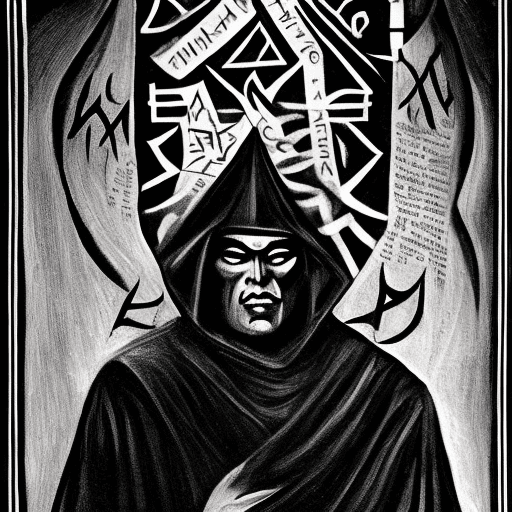 AI generated: portrait of Malachai, The god of deception wearing a black robe covered in dark runes of magic. prom...