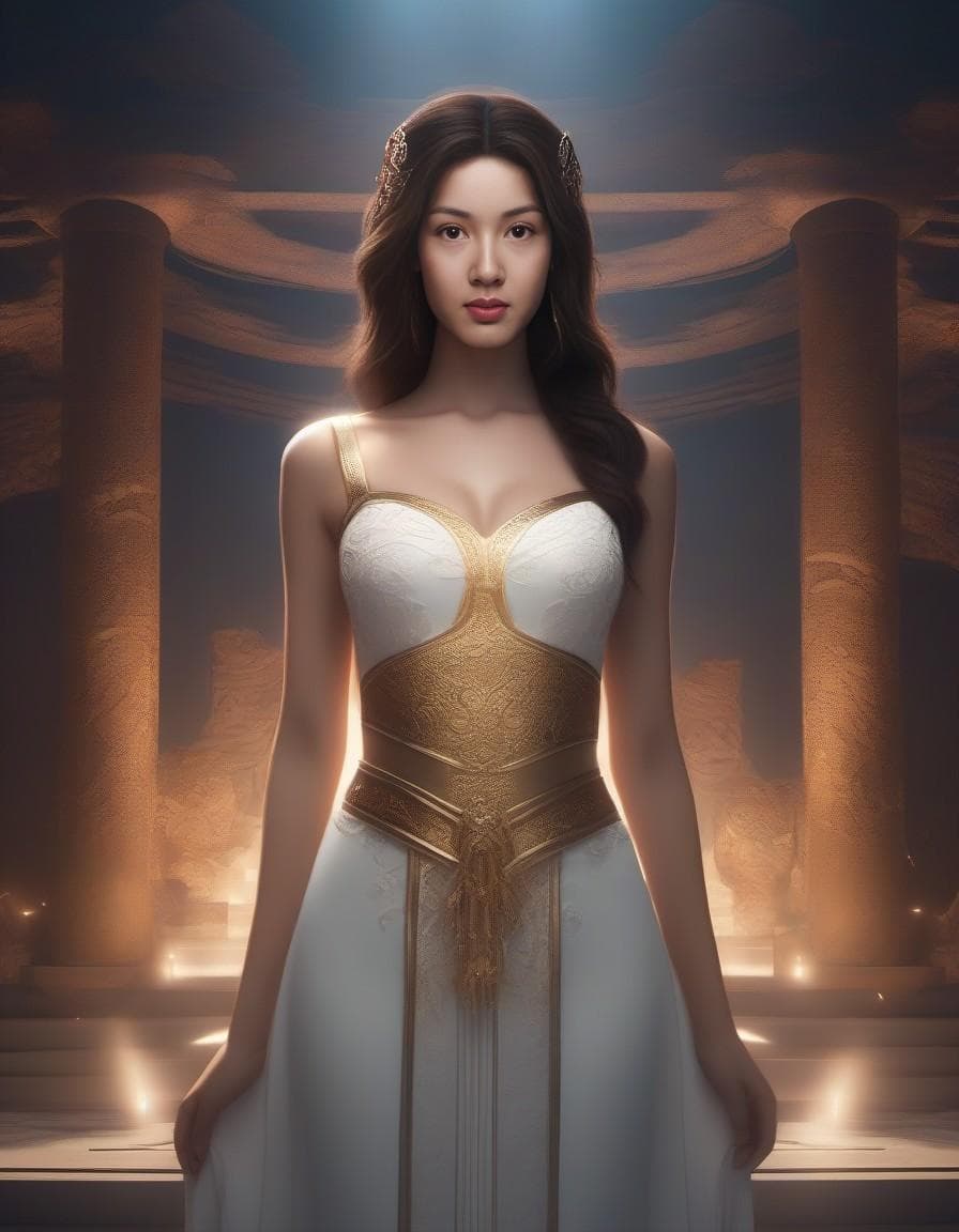 AI generated: create image of woman, style Aphrodite, greek mythology, one piece character, simetric body, full bo...
