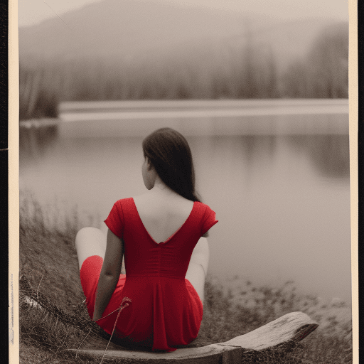 AI generated: [photography], girl wearing red dress and leather boots seated near the River in a landscape 