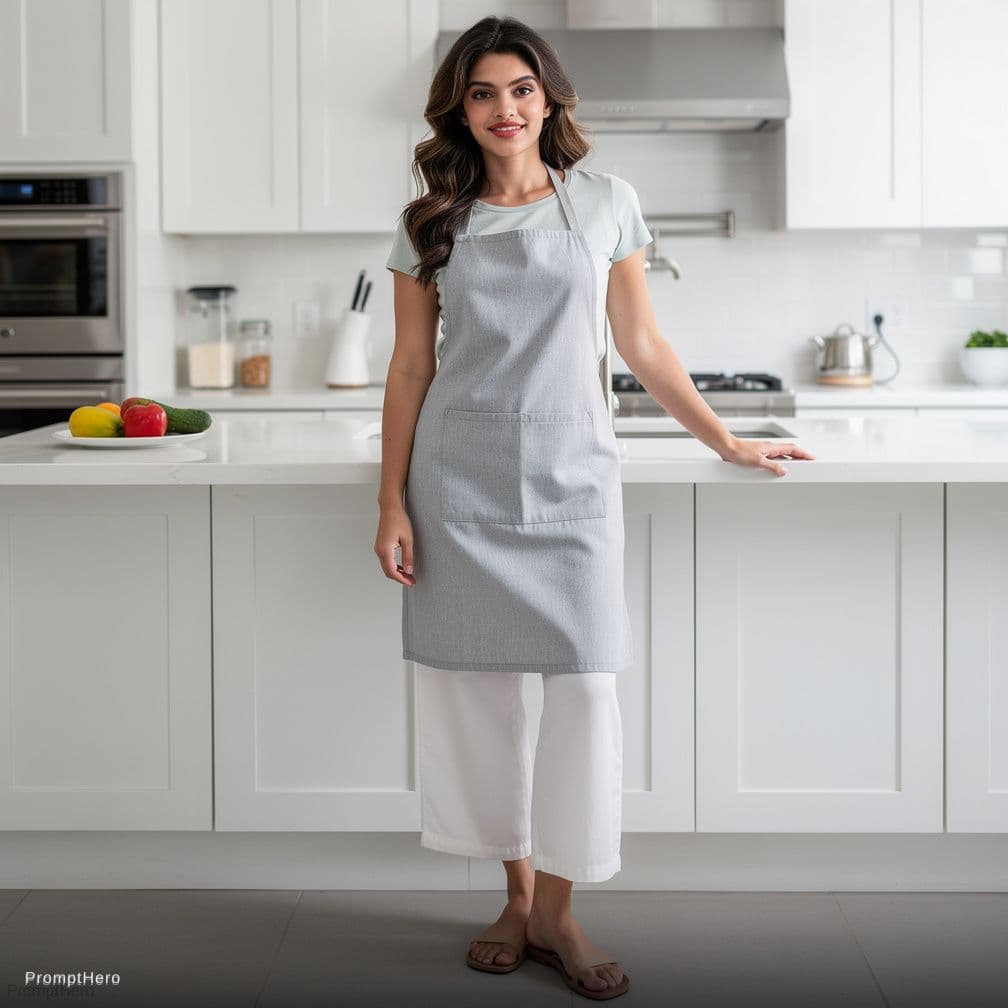 AI generated: A woman in a modern kitchen wearing only a sexy apron and sexy flat sandals