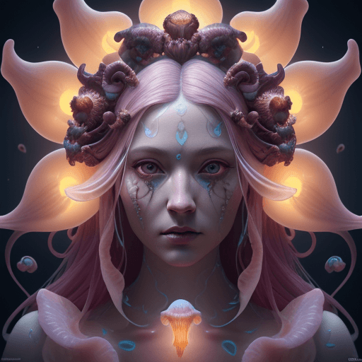 AI generated: Goddess close-up portrait ribcagel. jellyfish phoenix head, nautilus, orchid, skull, betta fish, bio...