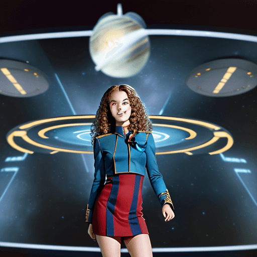 AI generated: 1969 portrait of Hermione Granger, Star Fleet, smiling, wearing an all-blue minidress uniform, Star ...