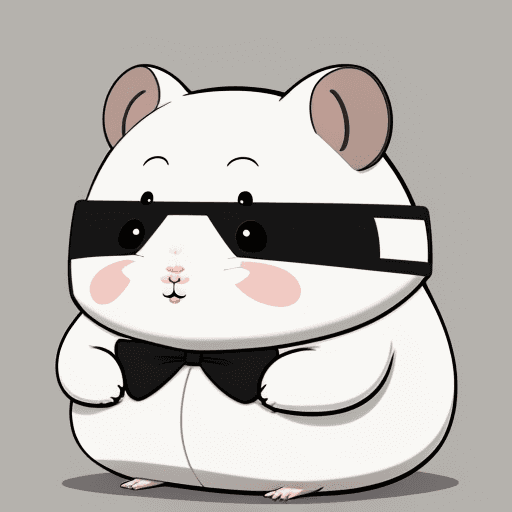 AI generated: Hamster called dream, cartoon, fat, cute, white with black fur on face mask