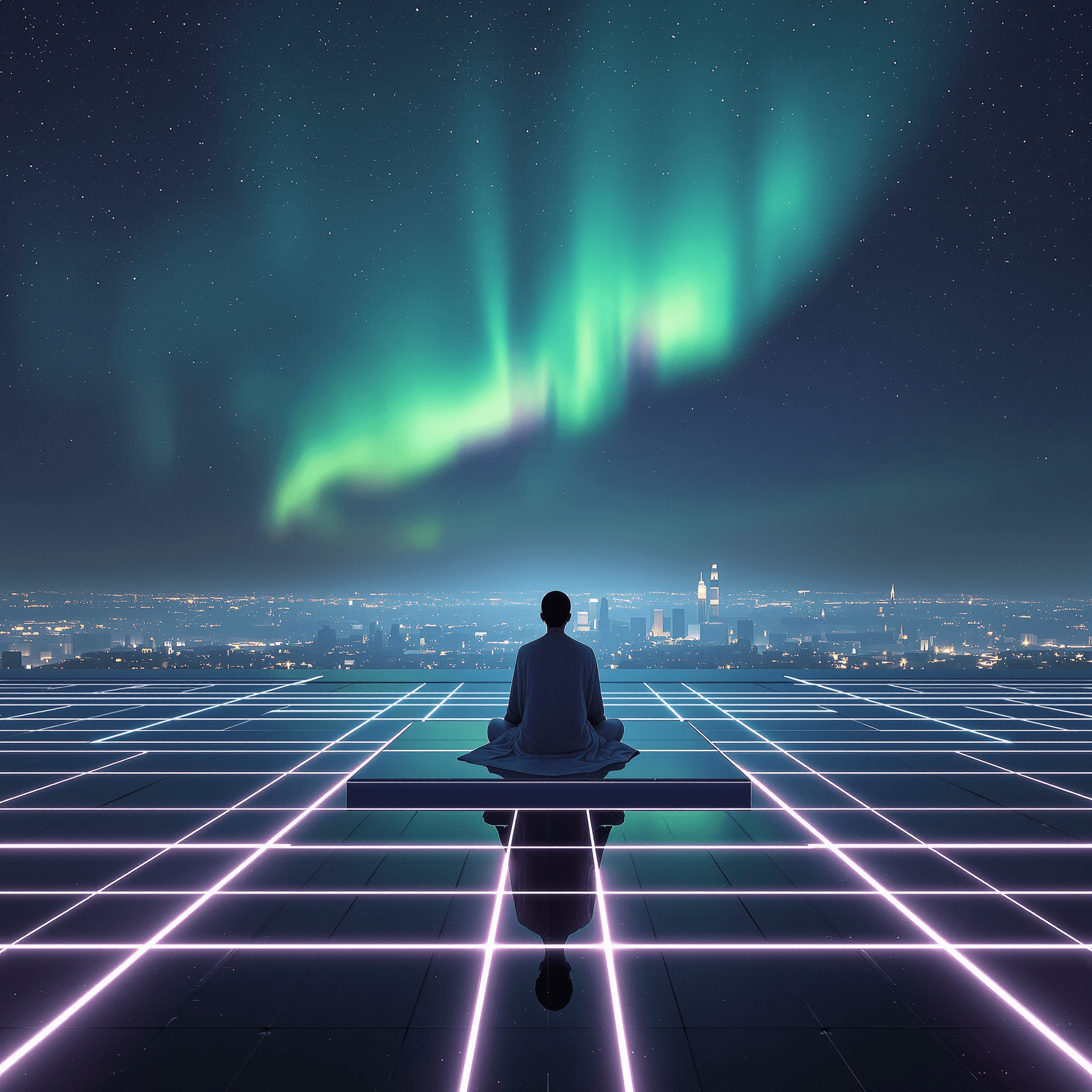 AI generated: minimalist sci-fi, solitary figure in flowing robe meditates on levitating platform, citys neon grid...