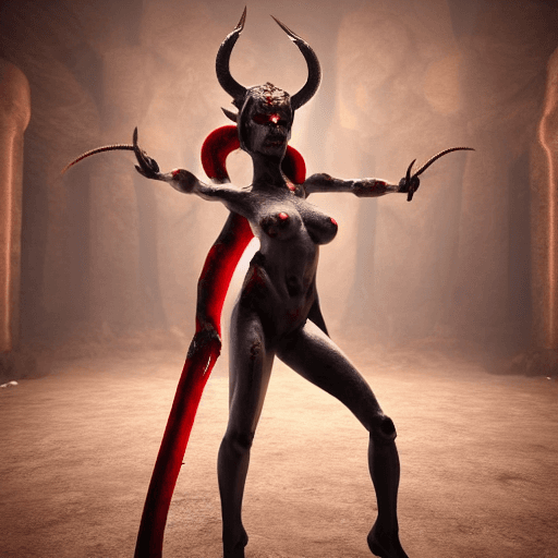 AI generated: female demon with horns, completely black skin and claws instead of hands, full body, red eyes and b...