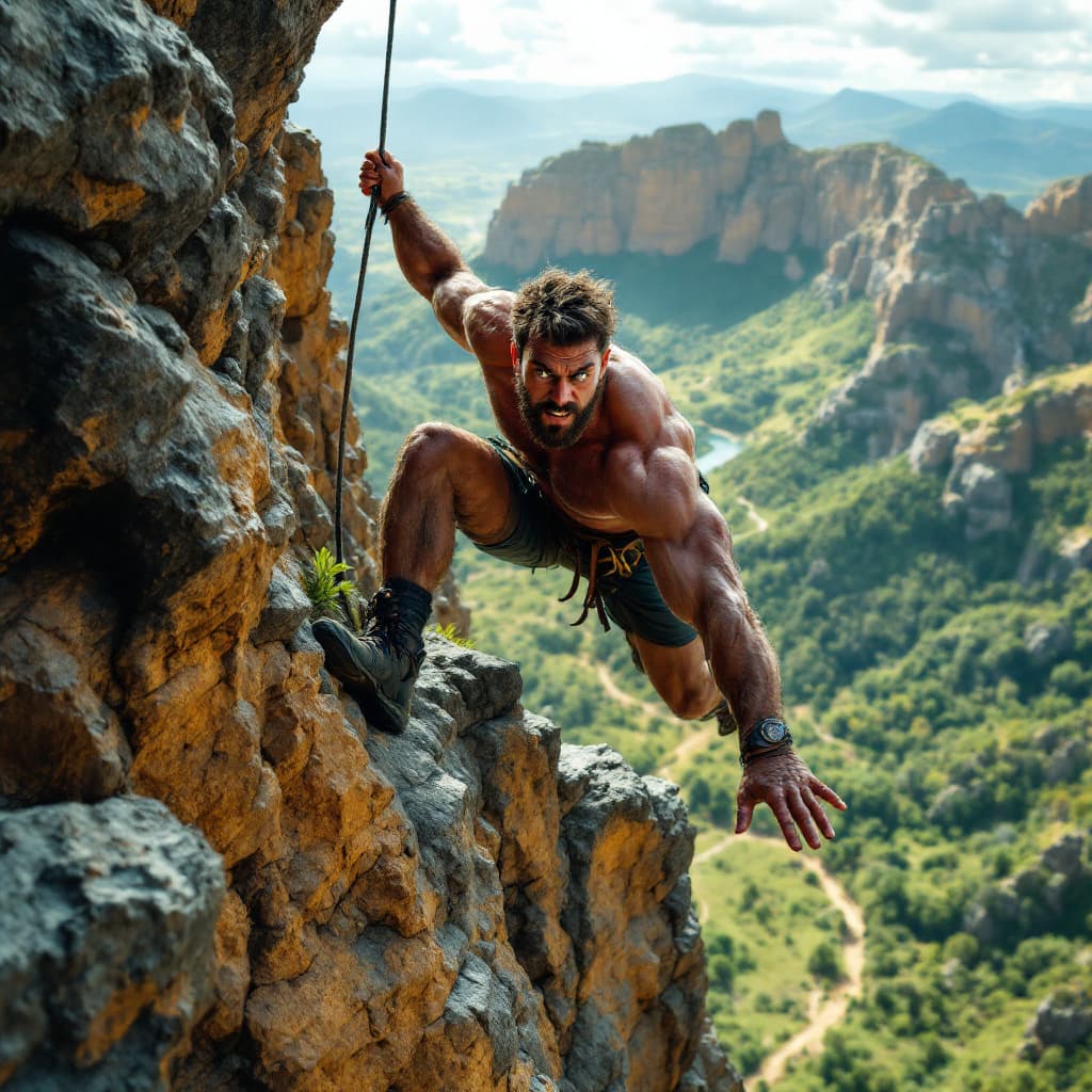 AI generated: a burly masculine man with sharp eyes full of enthusiasm climbing a steep cliff