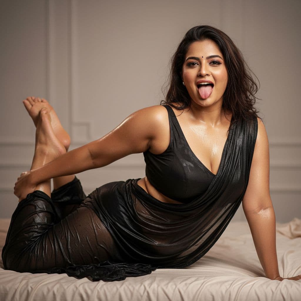 AI generated: Transparent black wet saree Indian woman, with sleeveless black blouse, tight, sleeping on edge on b...