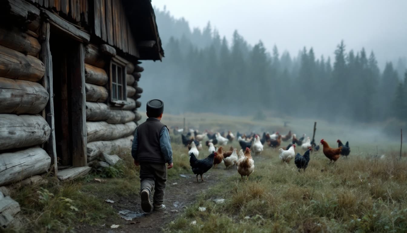 AI generated: Prompt: A tracking shot of a boy in a Gilani felt cap and vest herding chickens toward a wooden barn...