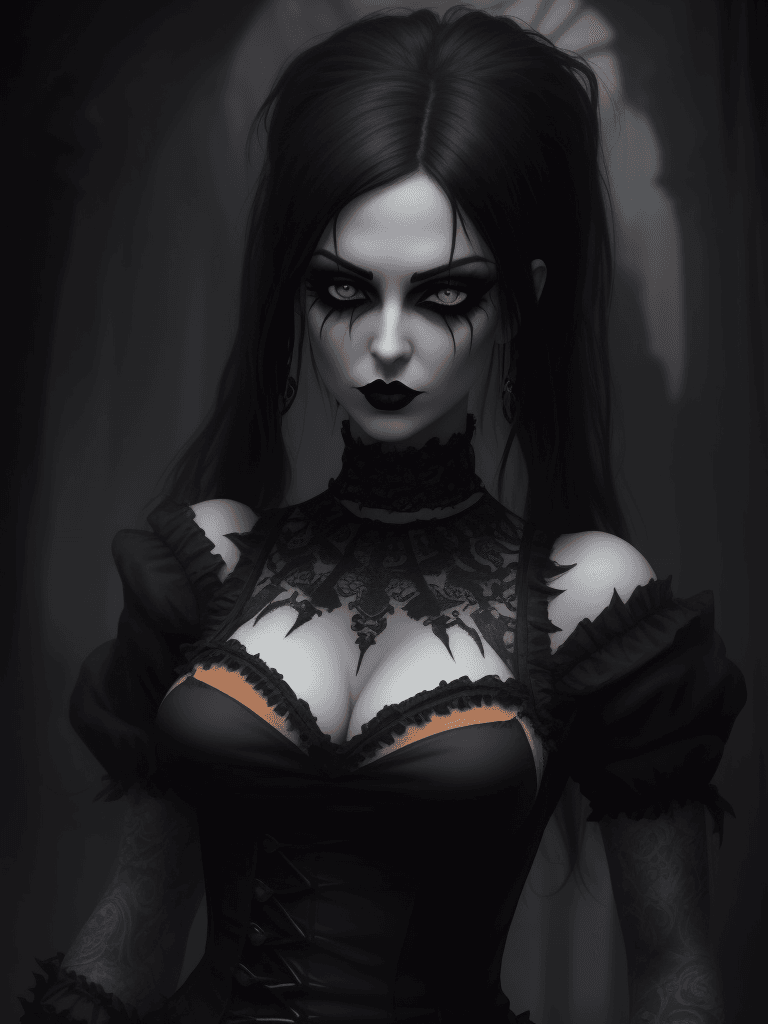 AI generated: a woman with pronounced goth traits, featuring dark eye makeup and wearing an orange top, but styled...