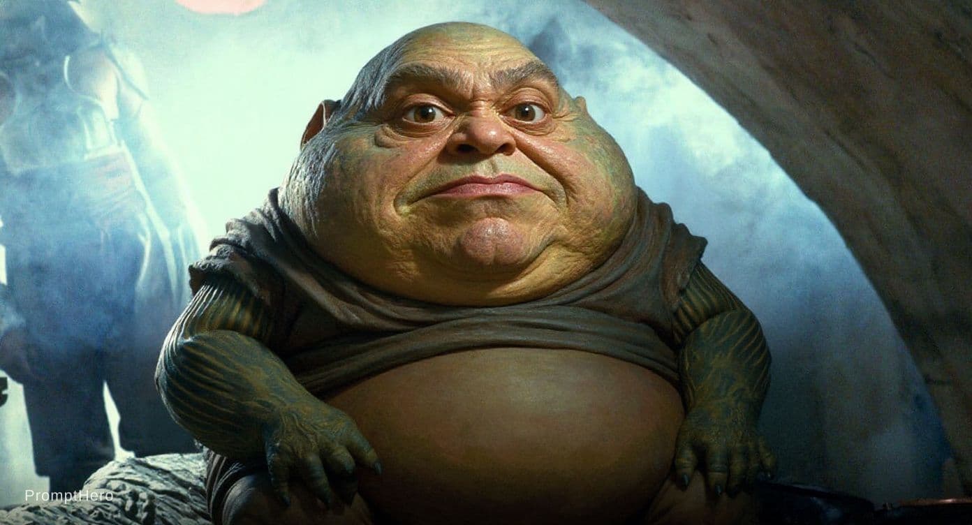 AI generated: Use the first image as the main body, pose, and composition (Jabba the Hutt style large alien body)....