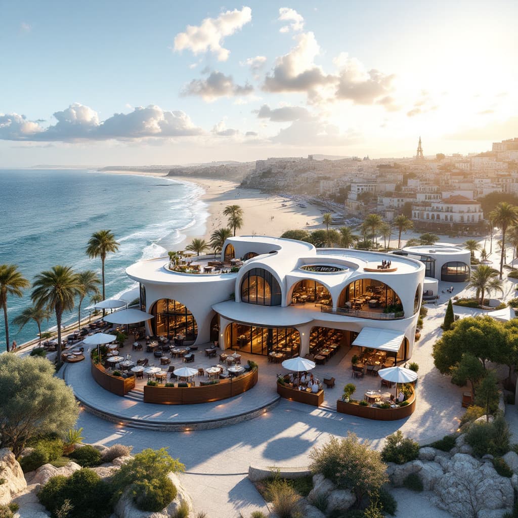 AI generated: Bird's eye View of a  modern Cafe comes restaurant with 3 - built structures with Paris's architectu...
