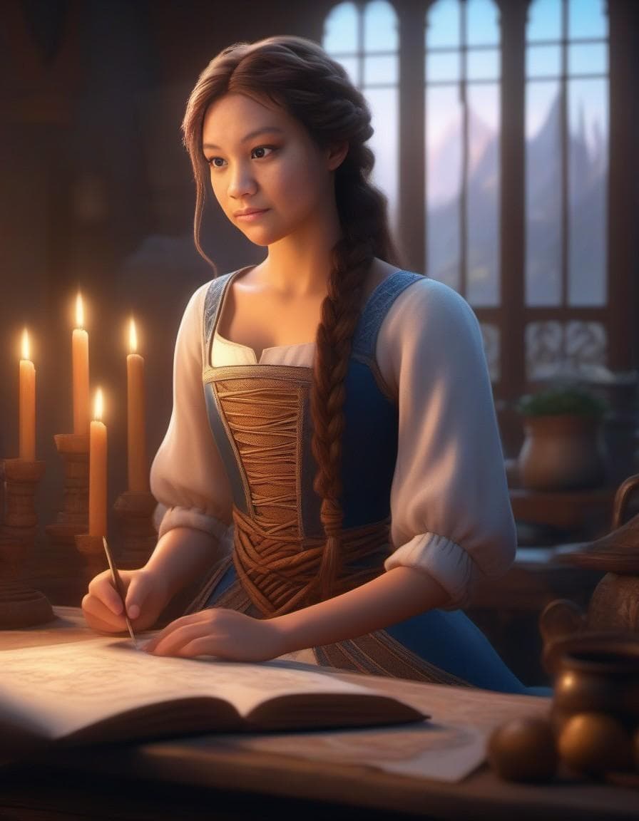 AI generated: Rapunzel from Tangled like a gorgeous real girl with a braid who is drawing her tower, ultra realist...