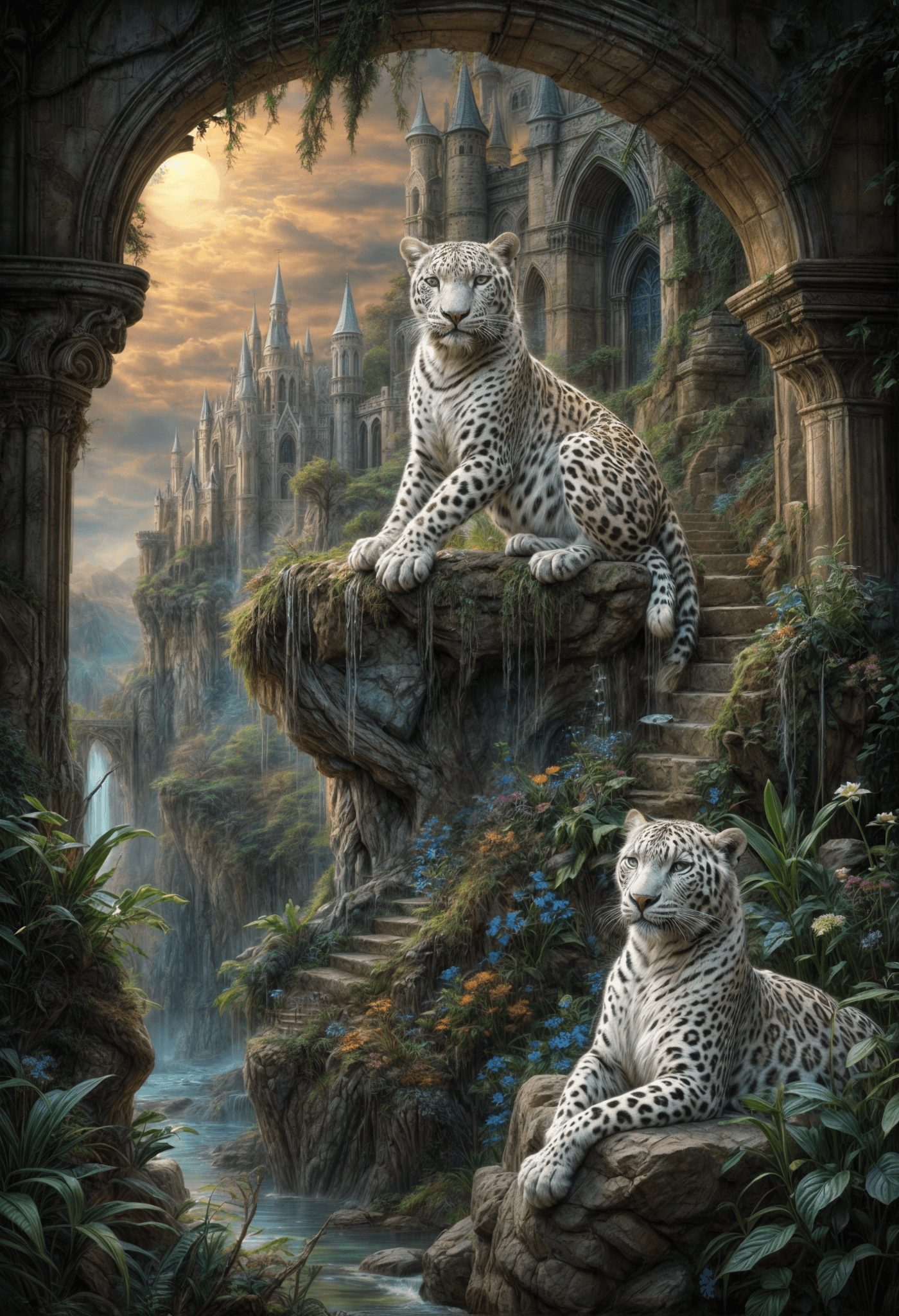 AI generated: art by Mark Knight, 

Josephine Wall Fantastical landscapes castle  with a sits white leopard fill...