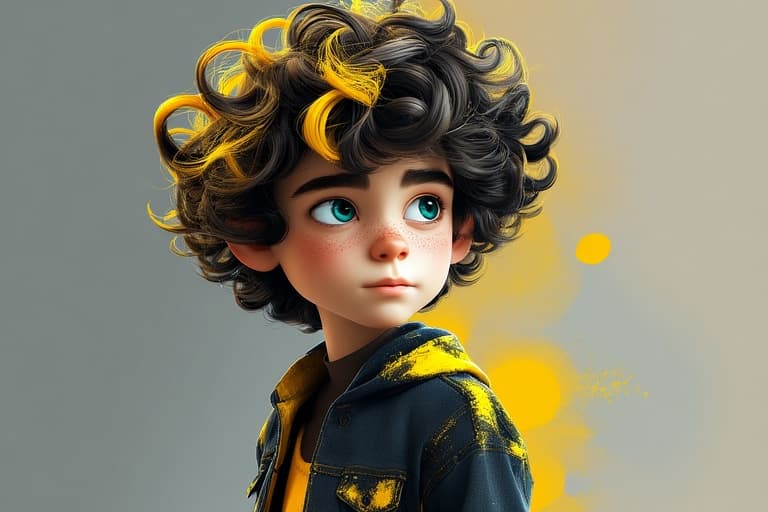 AI generated: a boy with curly hair and yellow shirt, in the style of rendered in cinema4d, charming characters, i...