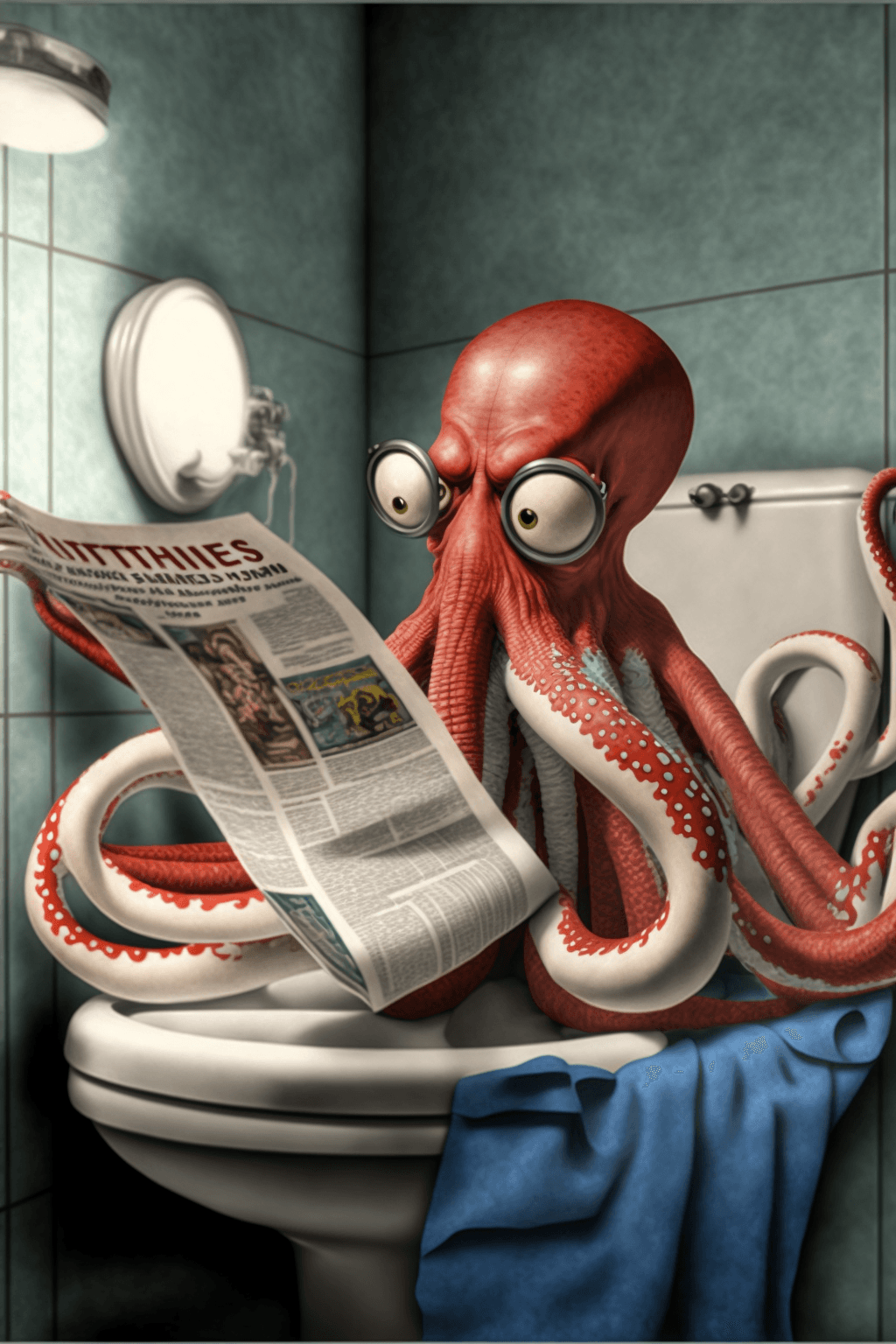 AI generated: red octopus ::1 reading the newspaper sit on a toilet, white lights, white tones, white wall, mirror...