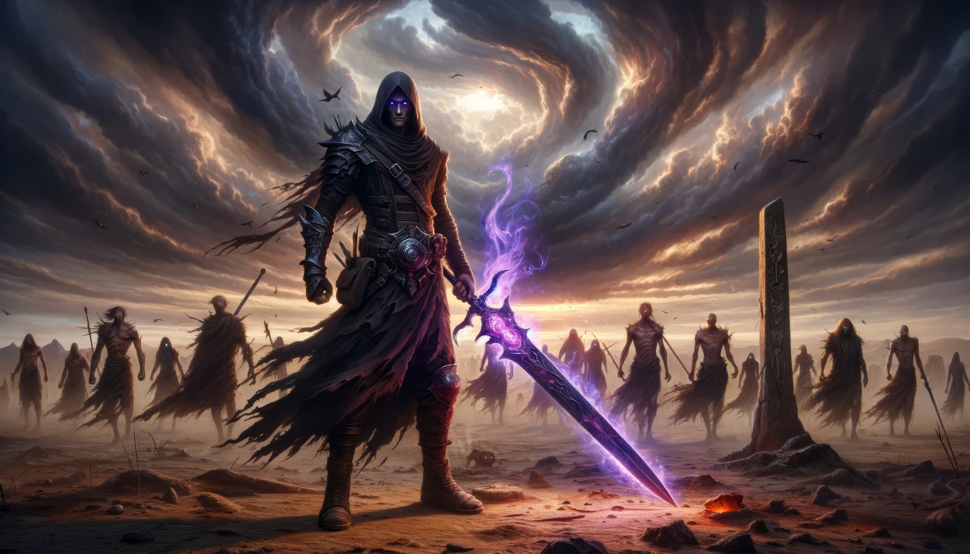 AI generated: A high-resolution, widescreen epic scene set in a barren desert landscape under a dramatic and omino...