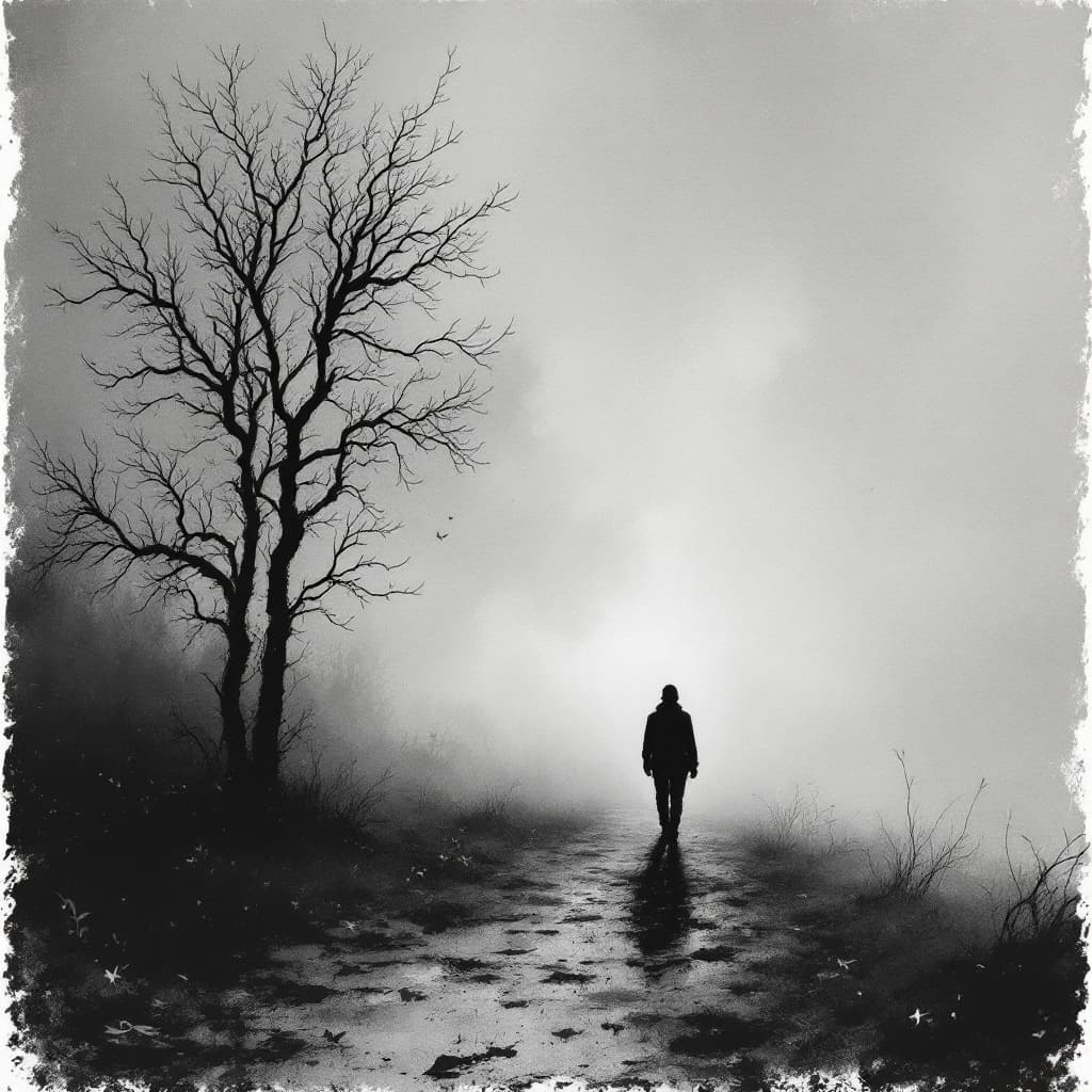 AI generated: Artistic illustration of a cold, desolate winter night, December’s bite in the air, lone figure (man...