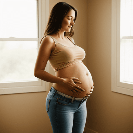 AI generated: healthy pregnant woman wearing a short top and jeans, holding belly, beautiful pregnant woman, mater...