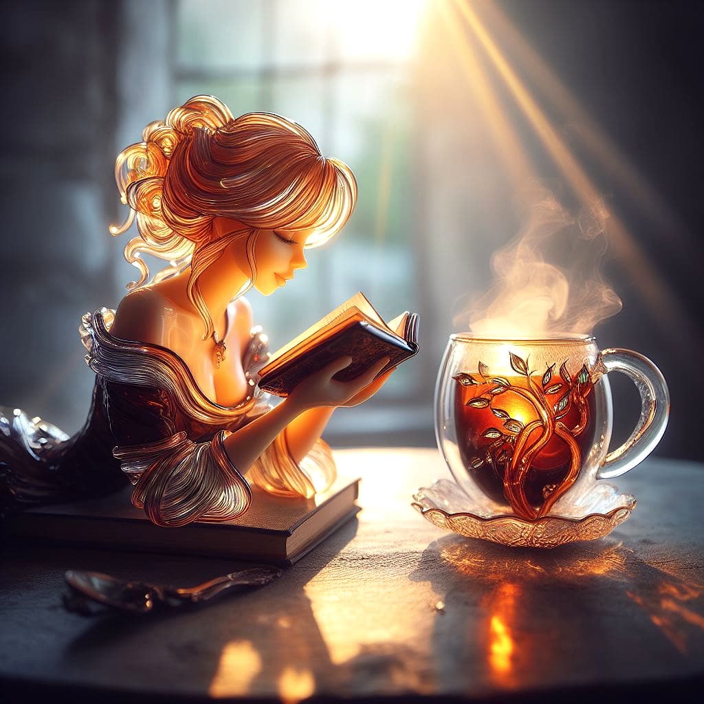 AI generated: A lampwork art of a beautiful woman sitting, reading a book, character by Ana Dittmann, 4k, realisti...