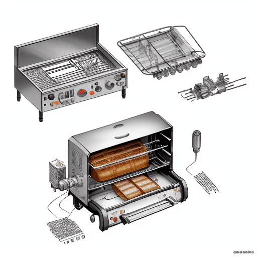AI generated: Engineering diagram showing an exploded view of a toaster with all its components separated and labe...