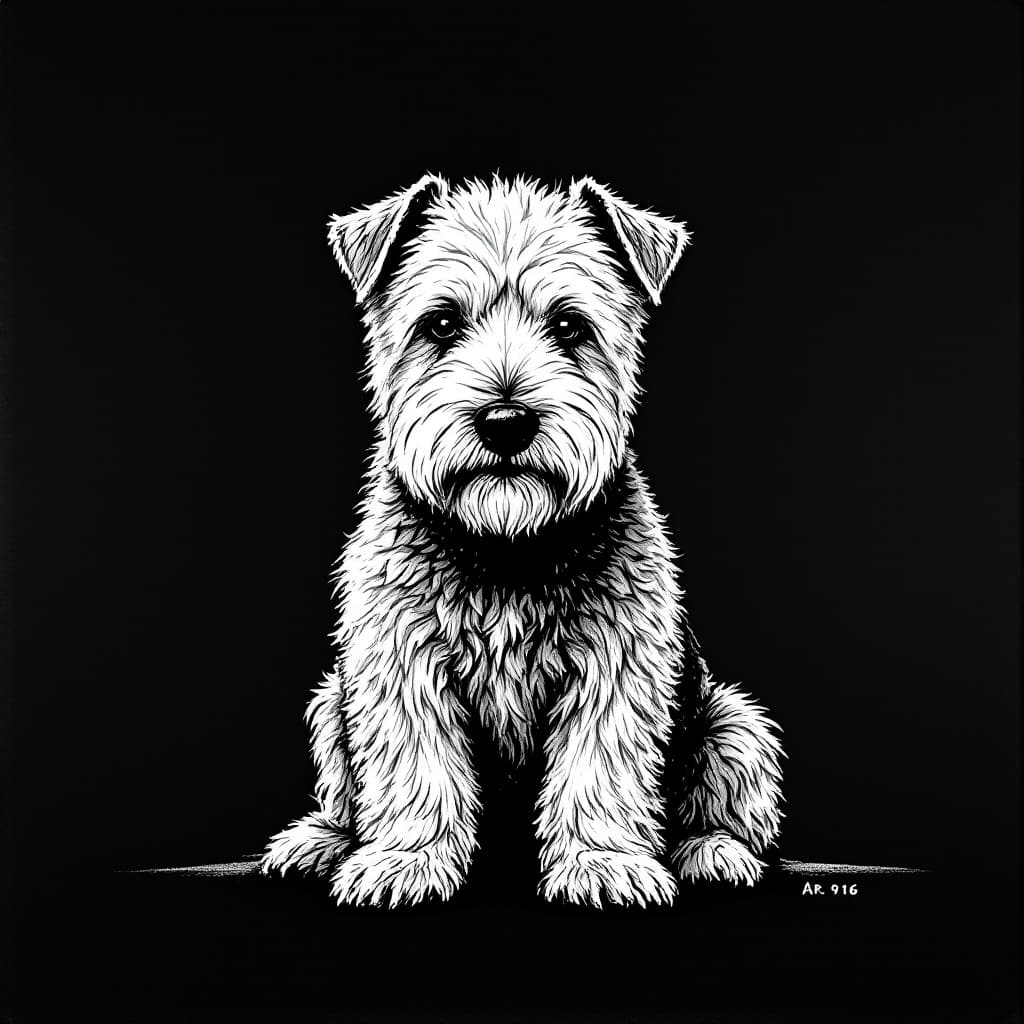 AI generated: chalk art of a sitting Soft Coated Wheaten Terrier dog, front view, simplify, monochromatic white ch...