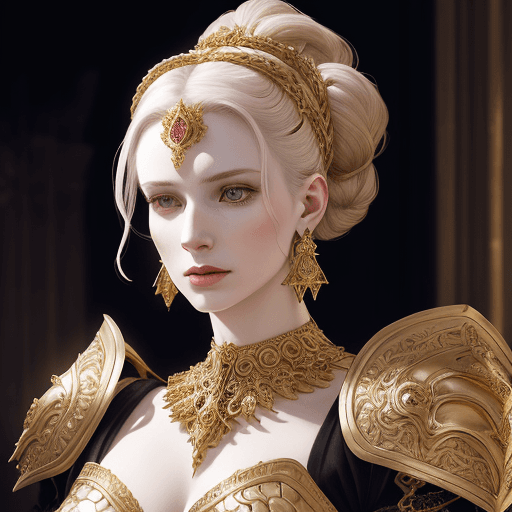 AI generated: A portrait of a woman wearing ornate golden armor and jewelry, including an elaborate headpiece and ...