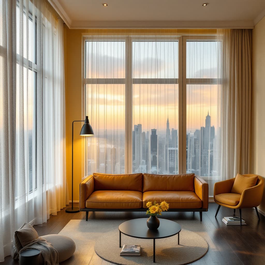 AI generated: photography, minimalist, aerial shot, apartment living room, full-frame DSLR camera, the color of th...